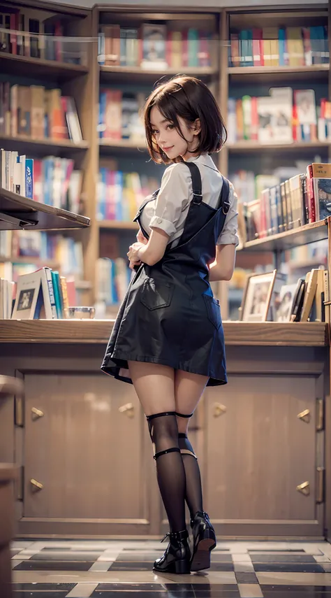 morning, ((pinafore)), ((facing back)), (Buttocks close up), bookstore, Smiling smile, (The FW), 1womanl, 独奏, 24 year old, 7headed body, (Ideal ratio body proportions), (Composition from head to thigh), erectile nipple, Sexy body, Wet, short-hair, Dark hai...