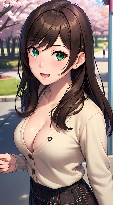 ((masterpiece, best quality, highres, UHD, perfect pixel, depth of field, 4k, RTX, HDR))), 1girl, single, solo, beautiful anime girl, beautiful artstyle, anime character, ((long hair, bangs, brown hair, hair pin)), (green eyes:1.4, rounded eyes, beautiful ...