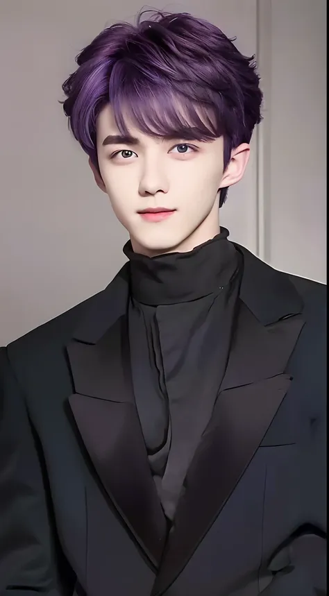 1 boy, Ratara, 17 years old, Purple hair color, Purple eyes color, Black suit, Little smile, Realistic, Ultra detail, 70 mm lens