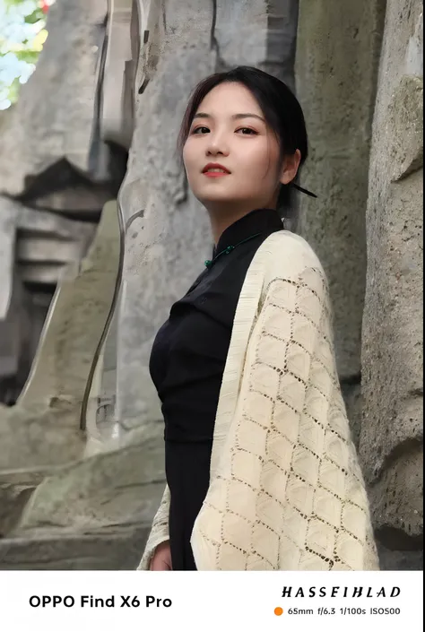 Araved woman standing in front of a stone wall wearing a shawl, Shawl, inspired by Ma Yuanyu, Long hair shawl, Inspired by Tang Yifen, xintong chen, Inspired by Dai Xi, inspired by Ye Xin, inspired by Liu Haisu, inspired by Kim Tschang Yeul, Inspired by Hu...