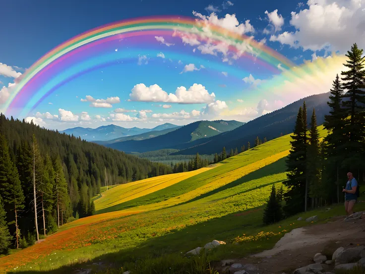 Masterpiece rainbow，Hdr，Volumetriclighting，（The subject：1.3），Valley mountain forest，Prairie rainbow，（Portrait people：1.3）