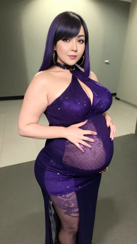 Road at night, Dark Blue Eyeshadow, White eyeliner, Dark lips, Glaring expression, Full body like, high-heels, Pregnant women,, falls, Photo of a woman with purple hair, Incredibly big, Glossy golden dress, beautiful thick female, very plump body, seductiv...