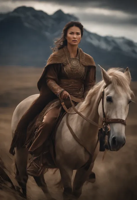 Generate image depicting Khutulun, the Mongolian princess as the badass granddaughter of Genghis Khan. Show her in a powerful and confident stance. cinematic film still, centered, close-up, selective focus on, ancient Gutian Warriors, background Mountain P...