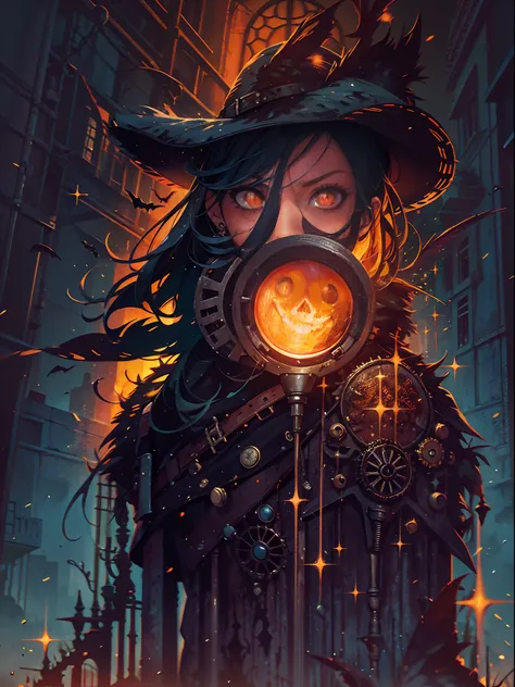 Silueta de un cazador en la ciudad de Yanan, transmitido por la sangre, ojos brillantes, T-shirt design, Dark Magic Splash, Gothic, halloween, degradado naranja quemado, magica, naturaleza, fondo limpio, Magic splash, arte vectorial 3D, fantasy art, Efecto...