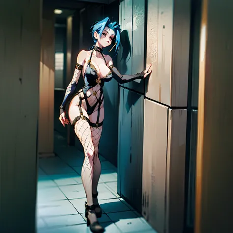 Full body of the character，The character has a large range of movement，The character is Jinx in League of Legends，blue hairs，chiquita，Thin stature，smokes，Draped in an oversized sweatshirt with zippers, but underneath erotic lingerie and fishnet stockings，T...