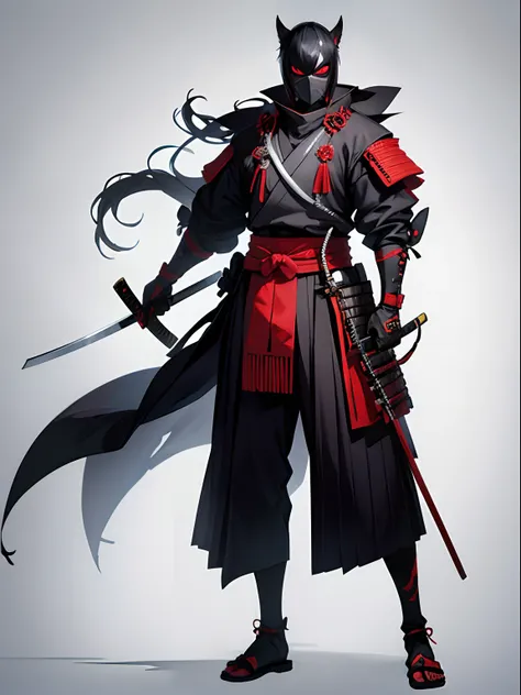 Blank background, samurai with mask, katana, fullbody