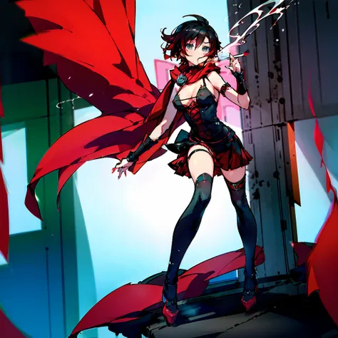 Full body of the character,The character has a large range of movement,The character is Ruby Rose in RWBY,Red and black hair,chiquita,Thin stature,Smoking, drinking and ,Super wears an oversized Little Red Riding Hood cape, but underneath erotic lingerie a...