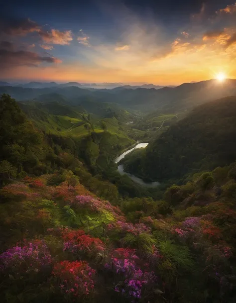 Magnificent view，Forest edge landscape photography Professional high-quality nature digital photography，Spring flowers bushes in the moonlight on a rainy night，precipice，Eau，Boulders，foggy sky，Traces of rain，Nightmare vision， Dark fantasy plot，Perfect and ...