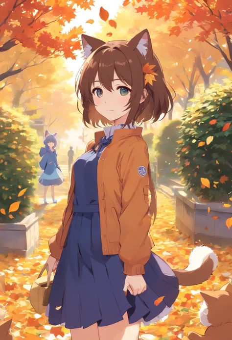 Anime cat-eared girl in autumn clothes standing in the garden of autumn leaves, Lori in dress having breakfast, small curvy loli, artwork in the style of guweiz, guweiz on pixiv artstation, guweiz on artstation pixiv, guweiz, small loli girl, soft anime il...