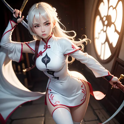 20 year old female，holding a longsword，Wearing a white cheongsam，