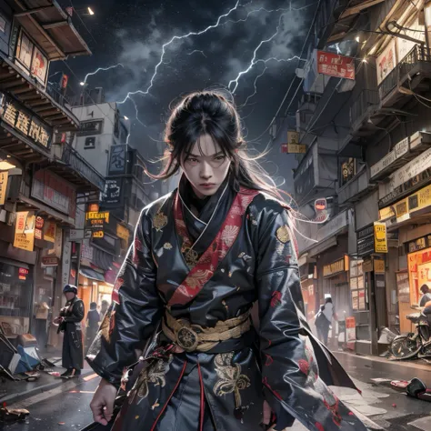 street corner（Armageddon）eyes filled with angry，He clenched his fists，Rush up，Deliver a fatal blow to your opponent，full bodyesbian，Full Body Male Mage 32K（tmasterpiece，Color Ultra HD）Long flowing black hair，Campsite size，zydink， The wounded lined up in th...