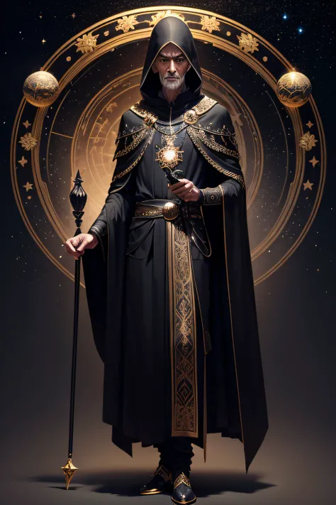 a tall, thin, elderly man. His eyes are deep and dark, like outer space, and seem to shine with ancient wisdom. He wears a black starry cloak with a hood covering his head, embroidered with mystical symbols representing constellations and planets. An ebony...