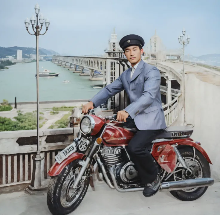 A photo of a 30-year-old Chinese man riding a motorcycle，Good facial features，Symmetrical facial features，Clear ears，Hand coordination，Four fingers，The hands are real，Ultra-clear and realistic facial features，He wears a large black hat on his head，Hats wit...