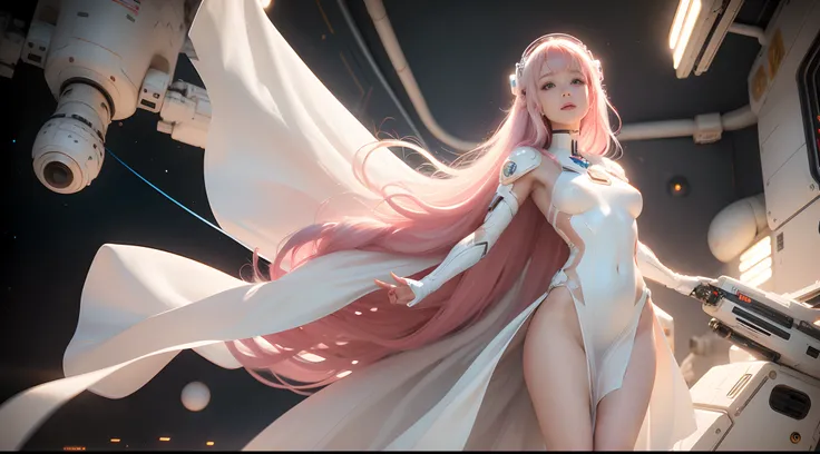 (Best Quality), Masterpiece, 8K, RAW, Cute white Silk Bride Naked，(Photo-realistic), white silk Dress, Pink long Hair, zero-gravity, Full-Body Portrait, soft Lighting, Mecha-Implants, (Cybernetics:1.2), Space-station, Particles floating in Air