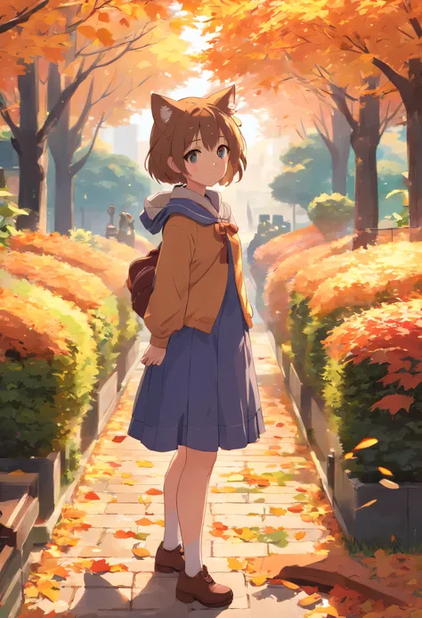 Anime cat-eared girl in autumn clothes standing in the garden of autumn leaves, loli in dress, small curvy loli, artwork in the style of guweiz, guweiz on pixiv artstation, guweiz on artstation pixiv, guweiz, small loli girl, soft anime illustration, Anime...