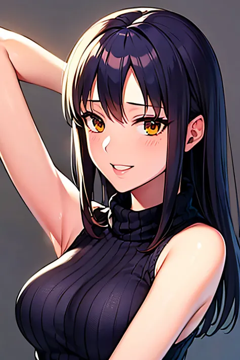 Akiha tohno (tsukihime), akiha tohno, tsukihime, (masutepiece, Highest Quality), Beautiful and aesthetic, 1girl, Idol, Elegant, (16 years old), Portrait, lightsmile, (Sleeveless knitwear), Entire upper body, Simple background, open sexy armpits, sexy armpi...