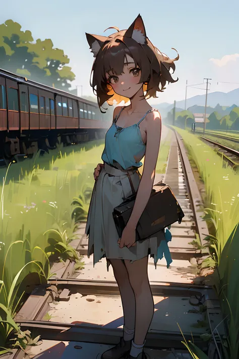 ((Masterpiece)),(Professional Photography:1.2), daybreak, 8K, cinematic lighting, very messy medium hair, Cute teenage Beautiful girl, ((standing on the ground, the beautiful abandoned railway line with grass)), blue sky, (exposed small breast), badly ragg...