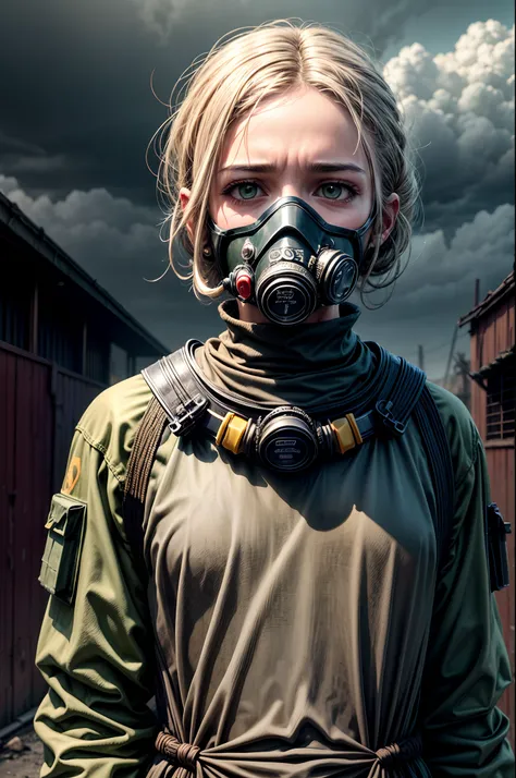 Crie uma arte digital intrincada com um personagem de sua escolha, dressed in a highly detailed radiation suit (traje: Radiation Suit) with a prominently visible gas mask (accessory: Gas mask). Esse caractere deve ser posicionado no centro da imagem, camin...