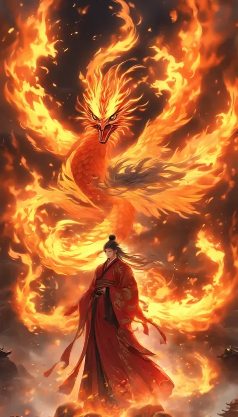 China-style，中景 the scene is，The Taoist priest stood in front of the huge firebird with spread wings，massive wings，Stretch your hands，Long messy hair，Glow effects，Hyper-realistic，Ultra photo realsisim，Chinese ink style，firey，rot，Smudge，ink，8K，super-fine，hig...