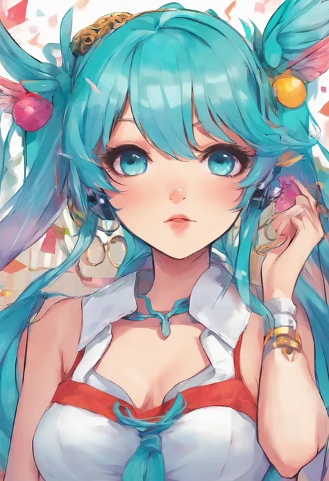 miku hatsune、tiny chest、Big eyes、Blue-haired、Twin-tailed、microphone、White background、Chest illustration、cute little、Shoujo manga style、without background、eyes large