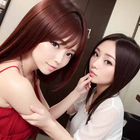 beautician、shiny hair with a slight red tint,、An ultra-high picture quality、Realistic Japan、Dress a little naughty、Because they are short and slender