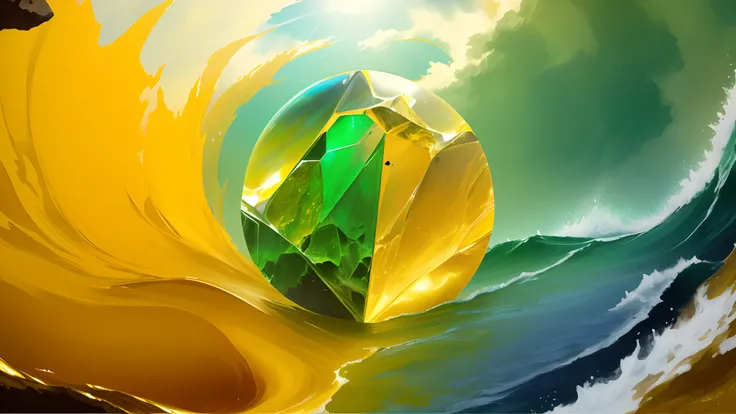 Masterpiece, best quality, one big round gemstone half green and half yellow color, super detailed, surrounded by yellow and green waves of solar energy, sky and sea on the background