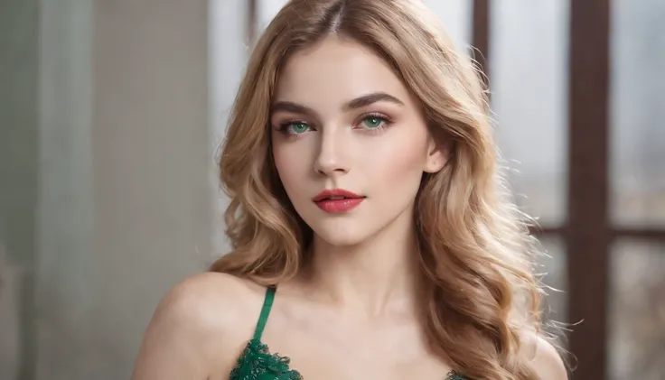 Beautiful 16-year-old girl, Persian,  Long wavy golden blonde hair, Emerald Green Eyes, Eyebrow expression, Long jet black eyelashes, Eyes that are almost shaped, Aquiline nose, Rose Red Lips, Diamond-Shaped Face, hourglass figure, Sculpted shoulders and n...