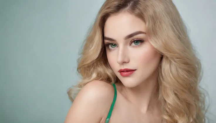 Beautiful 16-year-old girl, Persian,  Long wavy golden blonde hair, Emerald Green Eyes, Eyebrow expression, Long jet black eyelashes, Eyes that are almost shaped, Aquiline nose, Rose Red Lips, Diamond-Shaped Face, hourglass figure, Sculpted shoulders and n...