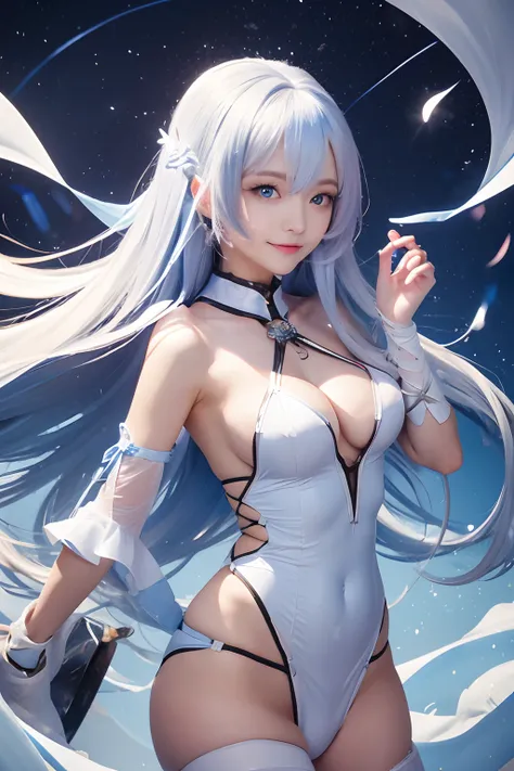 tmasterpiece，best qualityer，1girll，full bodyesbian，Long blue hair，Mummy costume，Bandages wrap around the whole body，Floating in the air，ice snow background