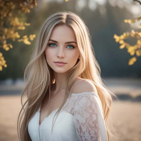 A young and beautiful woman, blondes Haar, that gently falls in waves up to the shoulders, medium height, Size, green eyes, helle Haut, She wears her pajamas, Sie liegt in ihrem Bett, Haarpflege vor dem Schlafengehen, Die Umgebung wird mit Lichtern in warm...