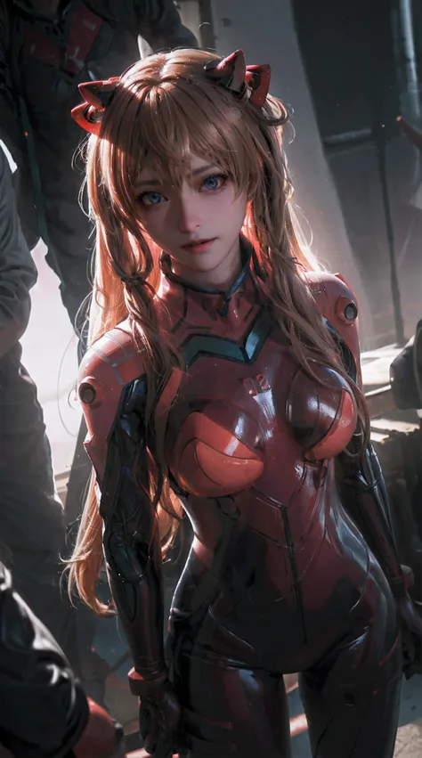 Raw, cinematic shot, (sharp focus:1.5), (photorealistic:1.4), twilight lighting, volumetric lighting, ultra high res, 16K,dramatic lighting, 1girl, beautiful face, asuka cosplay costume, cosplay, plugsuit, bodysuit, hair ornament,