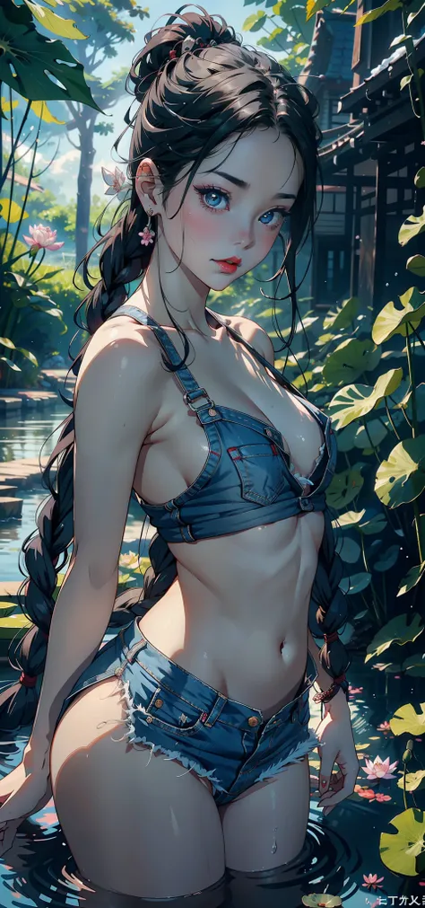 Small loli（Background with：ponds，Cherry blossom forest，lotus flower）Lie underwater， She has long black hair，Twist braids，seen from the front，mostly cloudy sky，（（（tmasterpiece），（Very detailed CG unity 8K wallpaper），best qualtiy，cinmatic lighting，detailed ba...