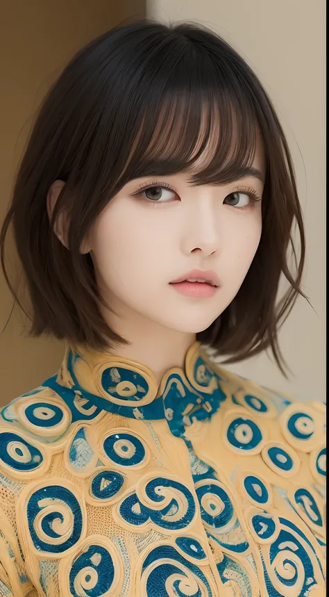 one Japanese female model , Unique hair details, colorful Dreamtime lines fashion, Near future, Curvilinear details , plump lips, detailed eyes, double eyelids, very short hair, full-body photo, (boots:1.1), hyper res