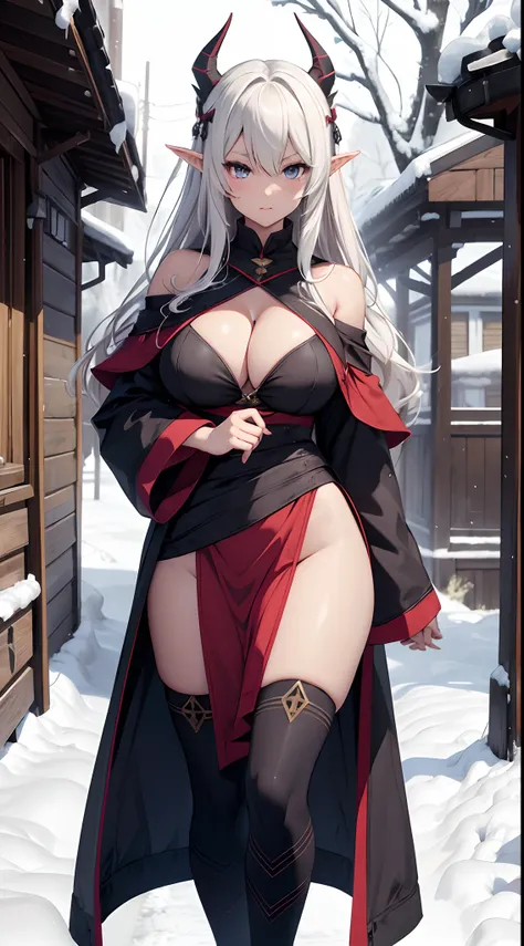 number art、Dark Elves、down jacket，Barefoot，Yuruchara style、Large breasts，Off-the-shoulder attire，nabel，Big breasts Thin waist，cleavage，Raised sexy，Be red in the face，Snowy days