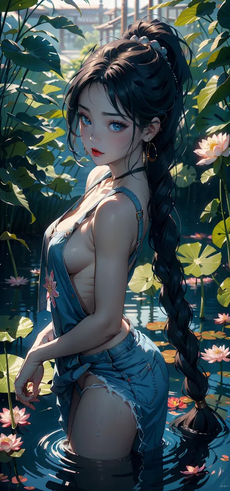 Small loli（Background with：ponds，Cherry blossom forest，lotus flower）Lie underwater， She has long black hair，Twist braids，seen from the front，mostly cloudy sky，（（（tmasterpiece），（Very detailed CG unity 8K wallpaper），best qualtiy，cinmatic lighting，detailed ba...