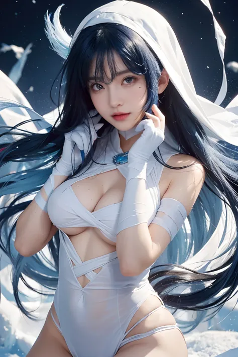 tmasterpiece，best qualityer，1girll，delicated face，Long blue hair，Mummy costume，Bandages wrap around the whole body，Floating in the air，ice snow background