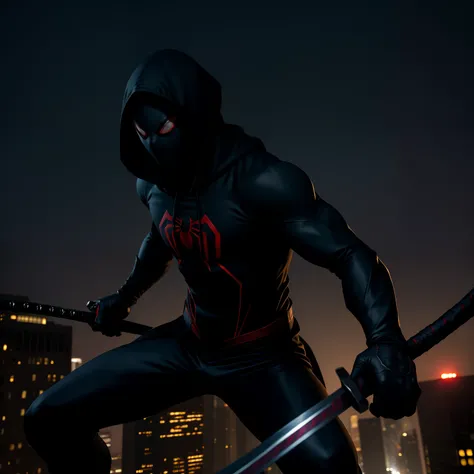 In the moonlit shadows of a sprawling metropolis, a stealthy ninja dons a sleek Spiderman costume, blending fantasy with reality. Adorned with an assassin hoodie, their trusty katana gleams in the darkness. Capture the intricate details of this enigmatic f...