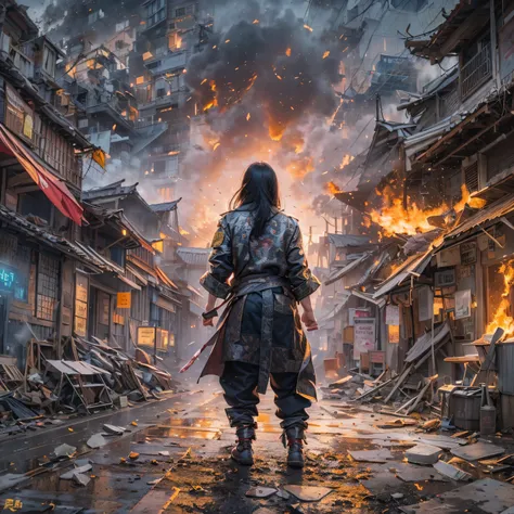 street corner（Armageddon）eyes filled with angry，He clenched his fists，Rush up，Deliver a fatal blow to your opponent，full bodyesbian，Full Body Male Mage 32K（tmasterpiece，Color Ultra HD）Long flowing black hair，Campsite size，zydink， The wounded lined up in th...