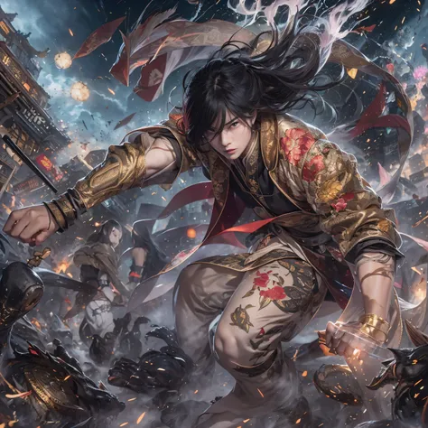 street corner（Armageddon）eyes filled with angry，He clenched his fists，Rush up，Deliver a fatal blow to your opponent，full bodyesbian，Full Body Male Mage 32K（tmasterpiece，Color Ultra HD）Long flowing black hair，Campsite size，zydink， The wounded lined up in th...