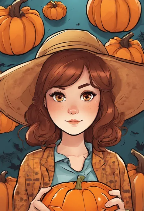 A  girl, with brown short hair, Brown eyes, freckles on her face, Halloween, Pumpkin in hands