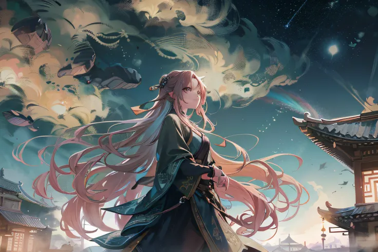 1girll，Long hair spread out，Autumn wind，Hair is floating in the wind，Ethereal beauty, Perched on the roof,Looking at her husband，Chinese ancient style，exteriors，the night，deep in the night，Blue starry sky，Starry sky in ancient China，The roof of the Forbidd...