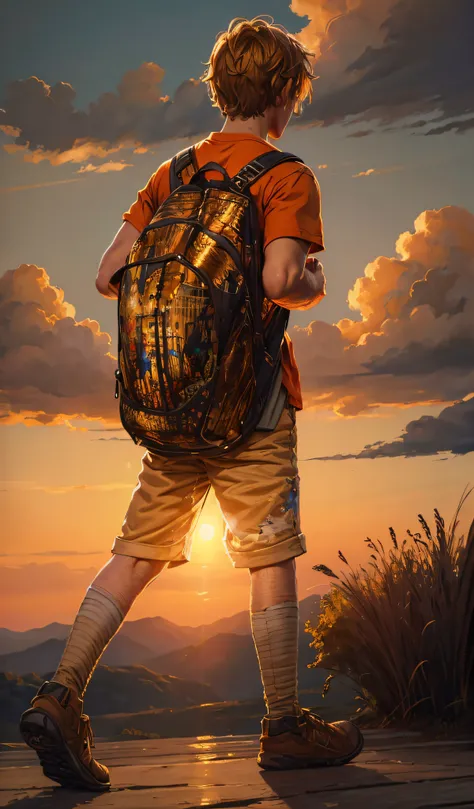 (masterpiece, best quality, high quality: 1.4), professional art, intricate details, field of view, sharp focus, detailed painting, masterpiece, cinematic lighting, anime format, scenery, student standing with his back, orange shirt, beige shorts,