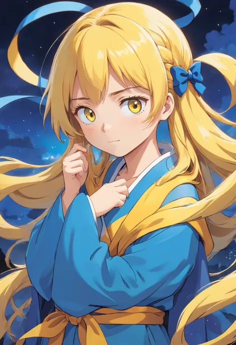 Girl with yellow hair, blue ribbon, blue robe