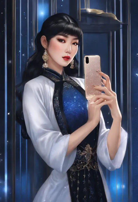 1 Asian woman, holding a cell phone, anime, painting, blue glitter background