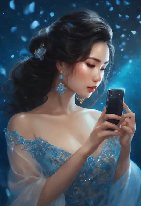 1 Asian woman, holding a cell phone, anime, painting, blue glitter background