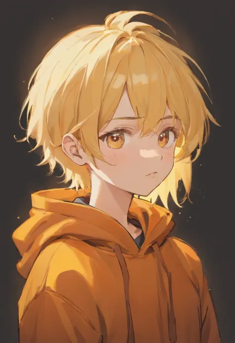 Teenage boy with brown eyes, white skin,and blonde hair wearing a orange hoody, and headband (black background)