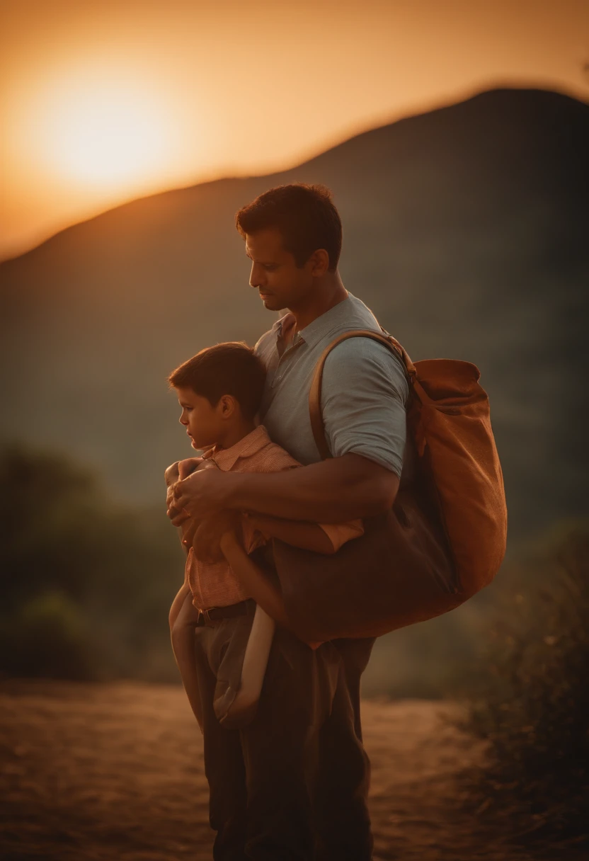 Retrato de um pai The sunset paints the sky with shades of orange as the teary-eyed father hugs his youngest son. The son holds a bag with some belongings, his anxious look reflects a mix of emotions, indicating the search for adventure.