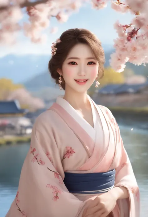 best quality, ultra high res, (photorealistic:1.4),blush,cute,(detailed face),light smile, 
looking at viewer,
upper body, japanese clothes, 
sunny,river,(cherry blossoms),blue sky,