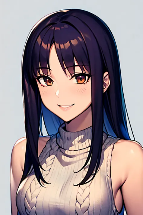 Akiha tohno (tsukihime), akiha tohno, tsukihime, (masutepiece, Highest Quality), Beautiful and aesthetic, 1girl, Idol, Elegant, (16 years old), Portrait, lightsmile, (Sleeveless knitwear), Entire upper body, Simple background,