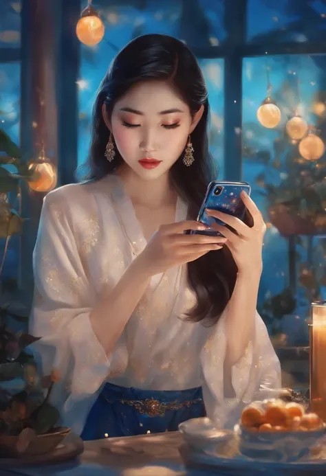 1 young Asian woman looking at a cell phone screen, anime, painting, blue background with glitter